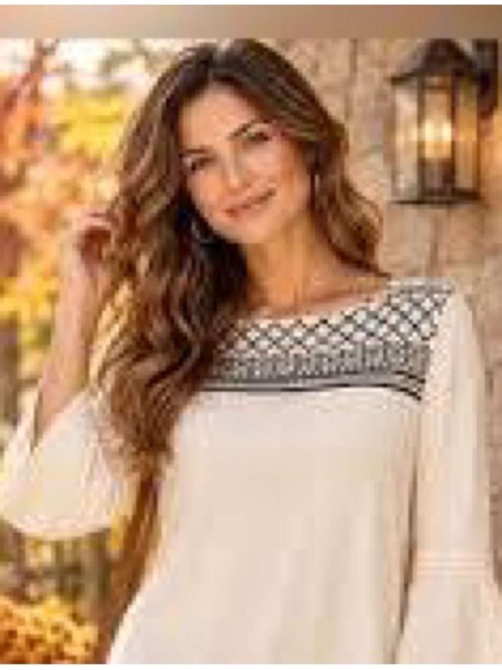 J. Jill Embroidered Boho Tunic Top Cream Black Geometric Print Bell Sleeve 2X